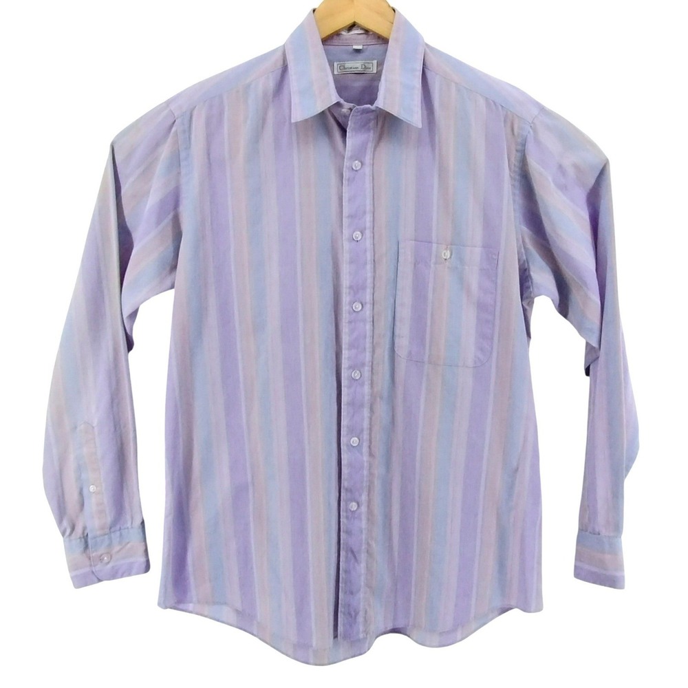 Vintage Christian Dior Men's Striped Button Shirt Long Sleeve Pastel‎ Size Large